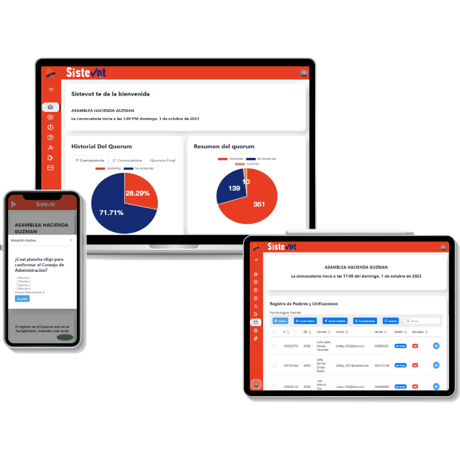 Varios dispositivos mostrando interfaces de una aplicación llamada SisteVot. Logística de Asambleas y Eventos en Colombia