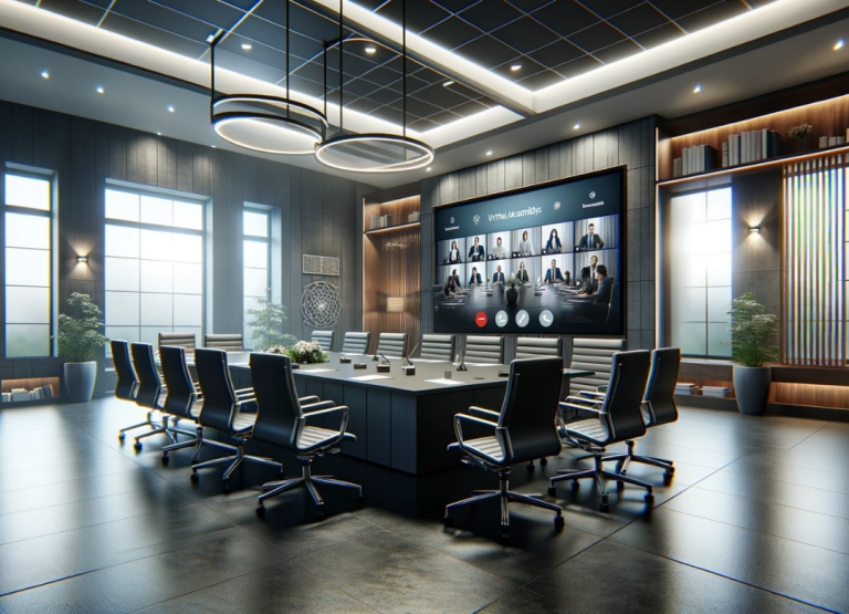 Moderna sala de conferencias digitales con pantalla grande mostrando una reunión virtual con múltiples participantes, simbolizando asambleas virtuales para copropietarios.